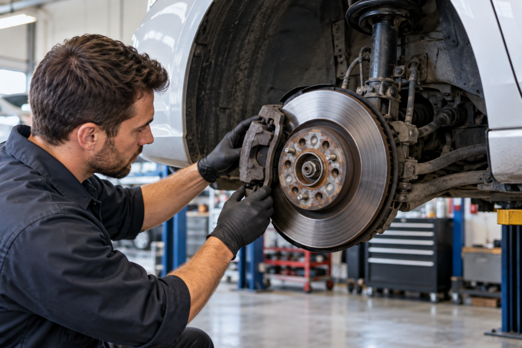 Illustrative image of a technician inspecting a passenger car brake rotor and caliper